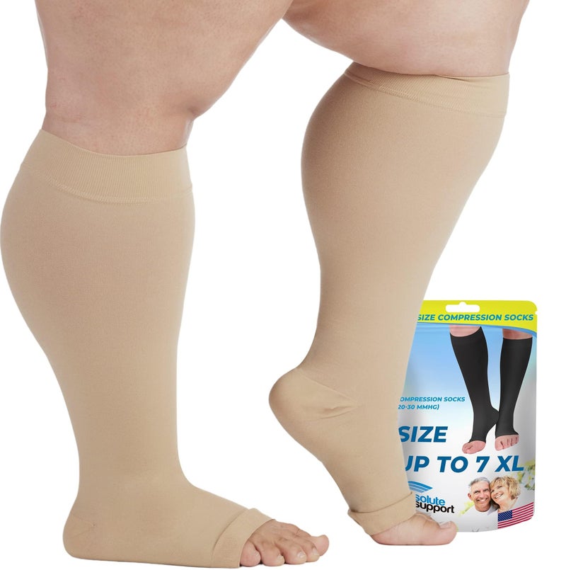 Wide Calf Compression Socks for Men and Women 2030mmHg Compression Knee High for Circulation Pregnancy Nursing Travel Airplane Open Toe Beige 4XLarge A511BE7